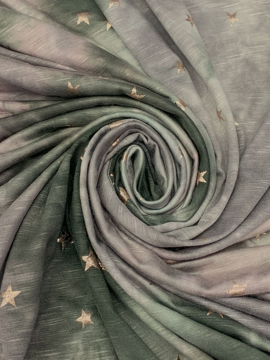 English Ivy/Titanium/Gold Rayon/Lycra Star Foil Print Over Tie-Dye Slubbed Jersey Knit 59W