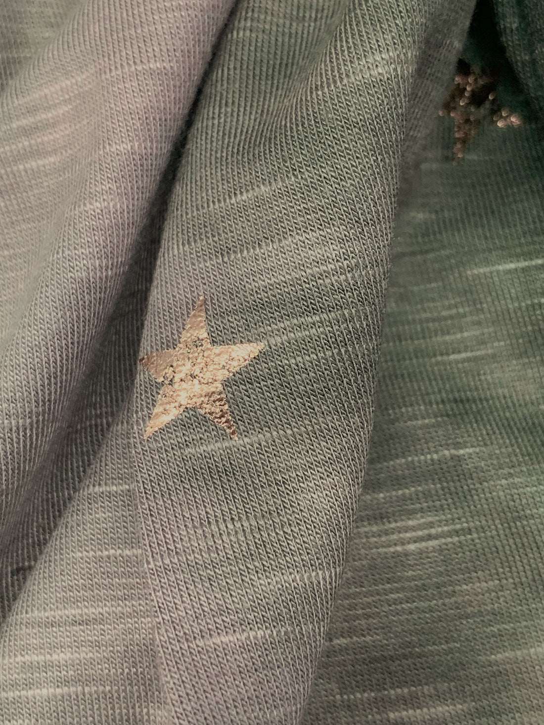 English Ivy/Titanium/Gold Rayon/Lycra Star Foil Print Over Tie-Dye Slubbed Jersey Knit 59W