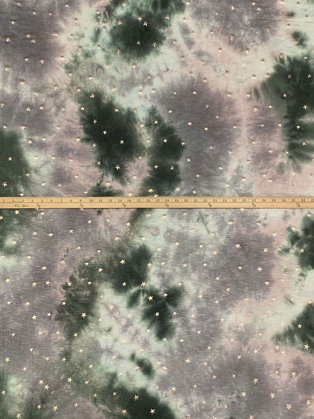 English Ivy/Titanium/Gold Rayon/Lycra Star Foil Print Over Tie-Dye Slubbed Jersey Knit 59W
