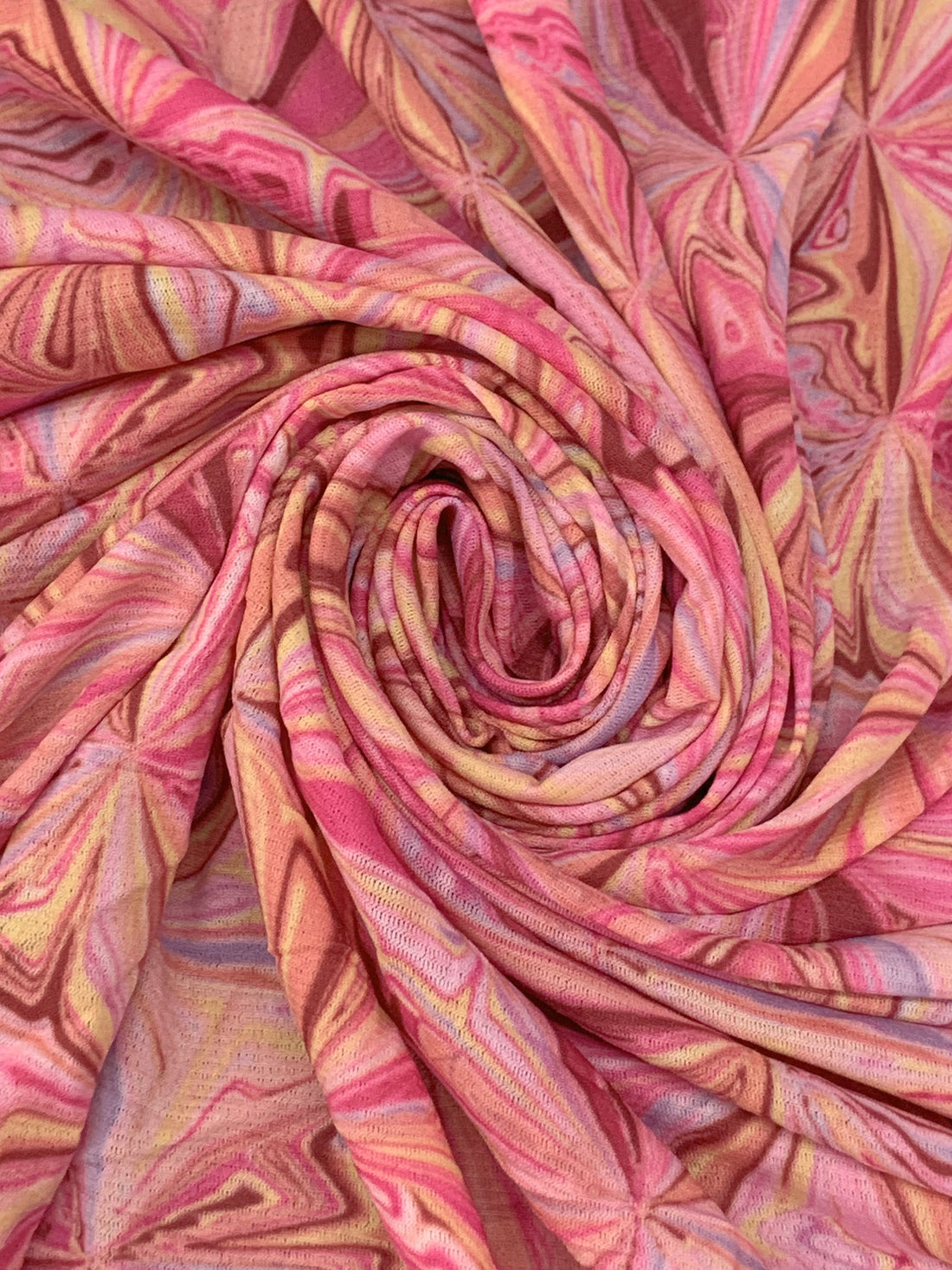 Paradise Pink/Deep Peach/Multi Polyester/Lycra Abstract Warped Pinwheel Print Mesh Knit - Samantha Chang - 57W