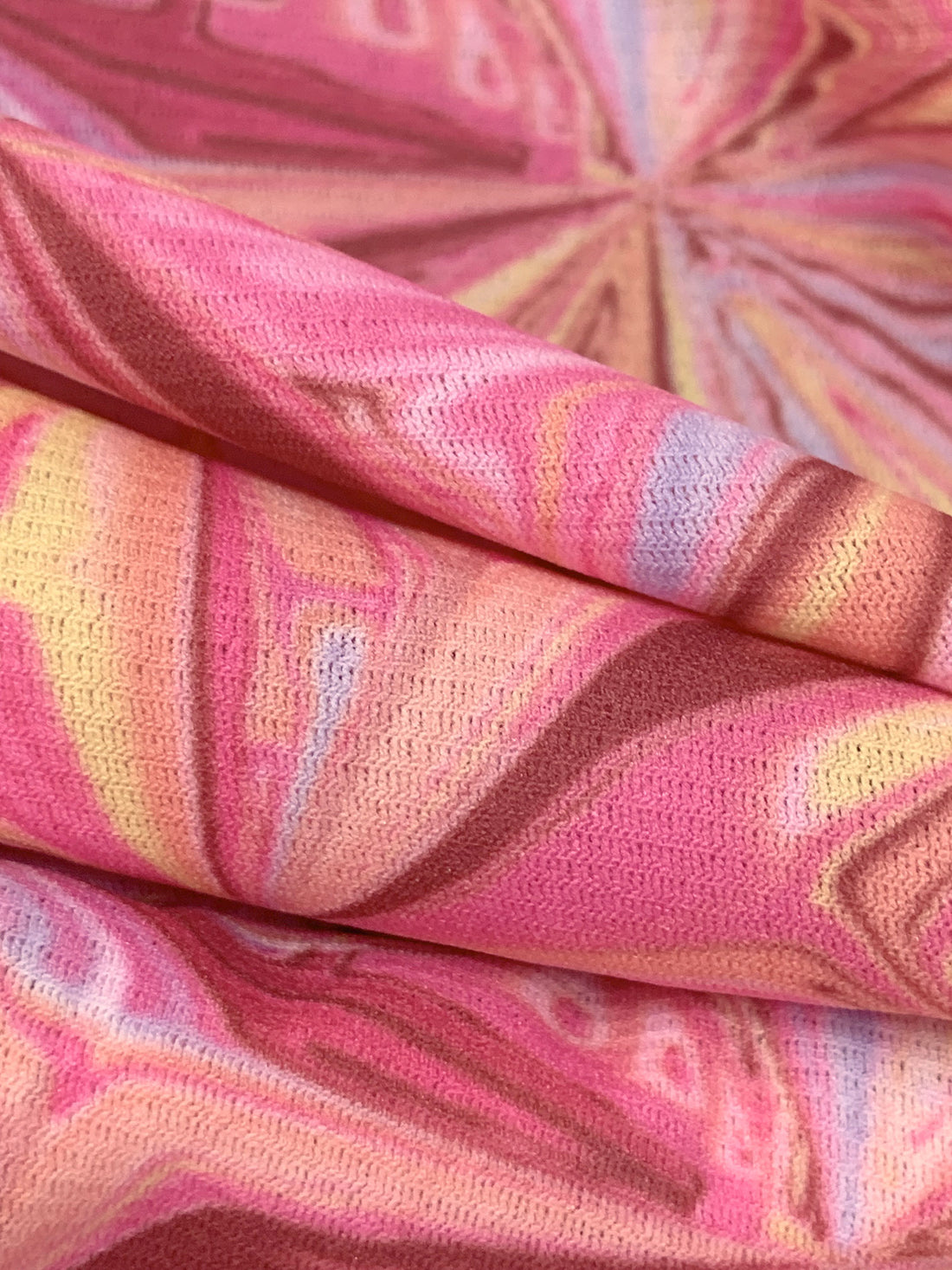 Paradise Pink/Deep Peach/Multi Polyester/Lycra Abstract Warped Pinwheel Print Mesh Knit - Samantha Chang - 57W