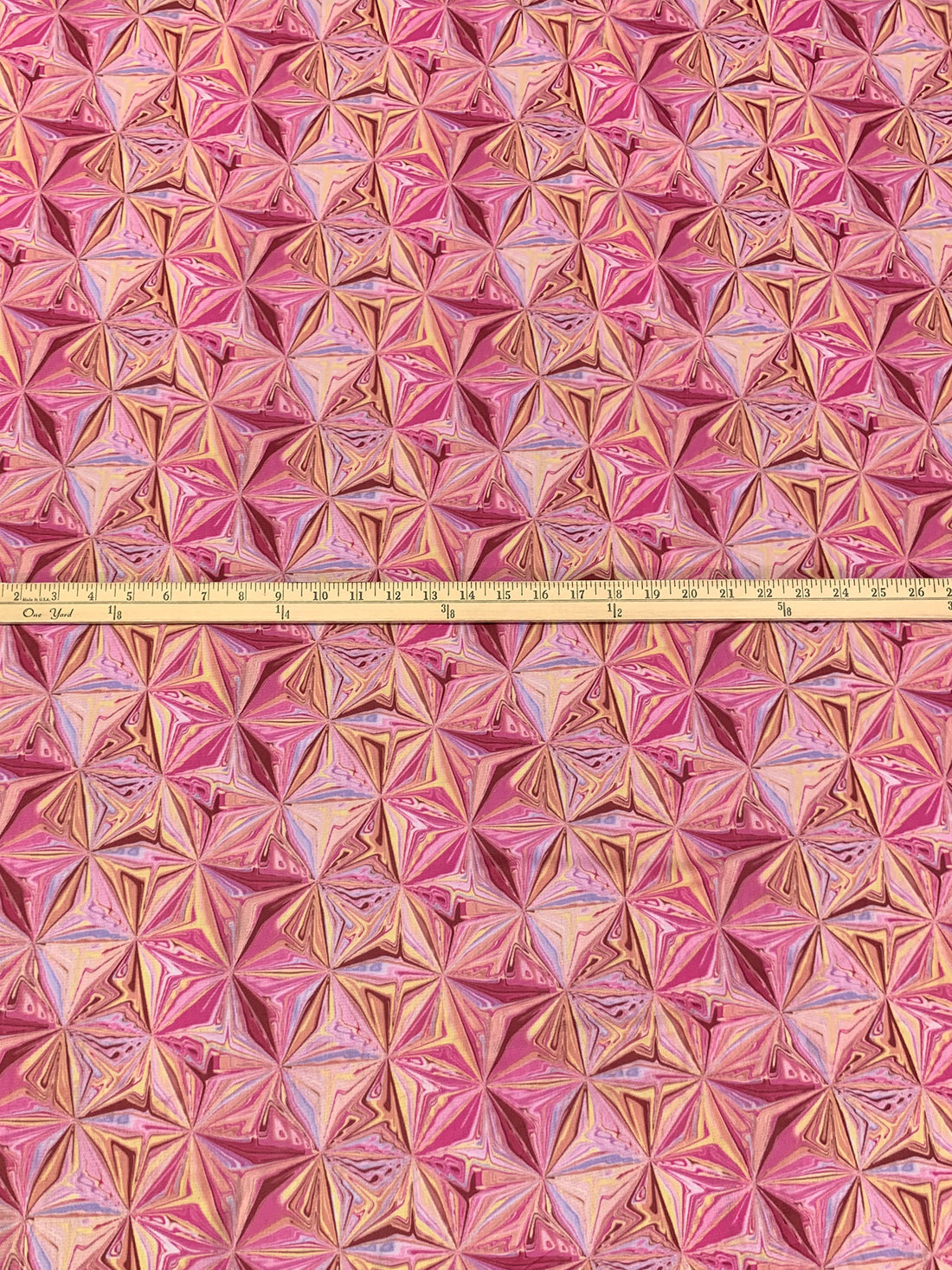 Paradise Pink/Deep Peach/Multi Polyester/Lycra Abstract Warped Pinwheel Print Mesh Knit - Samantha Chang - 57W