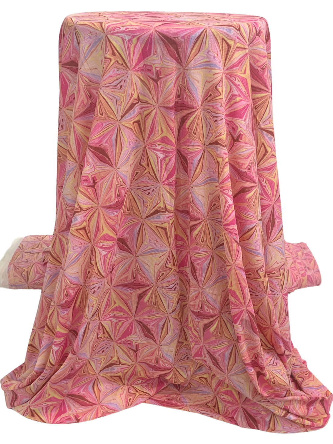 Paradise Pink/Deep Peach/Multi Polyester/Lycra Abstract Warped Pinwheel Print Mesh Knit - Samantha Chang - 57W