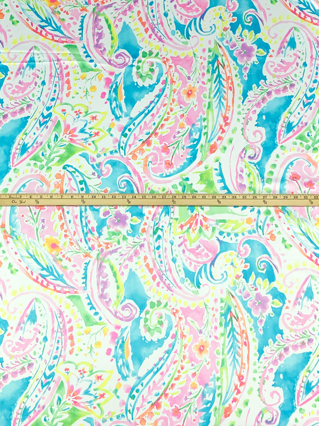 Pacific Blue/Canary/Pale Pink/White 100% Polyester Painterly Floral Paisley Print Charmeuse 58W