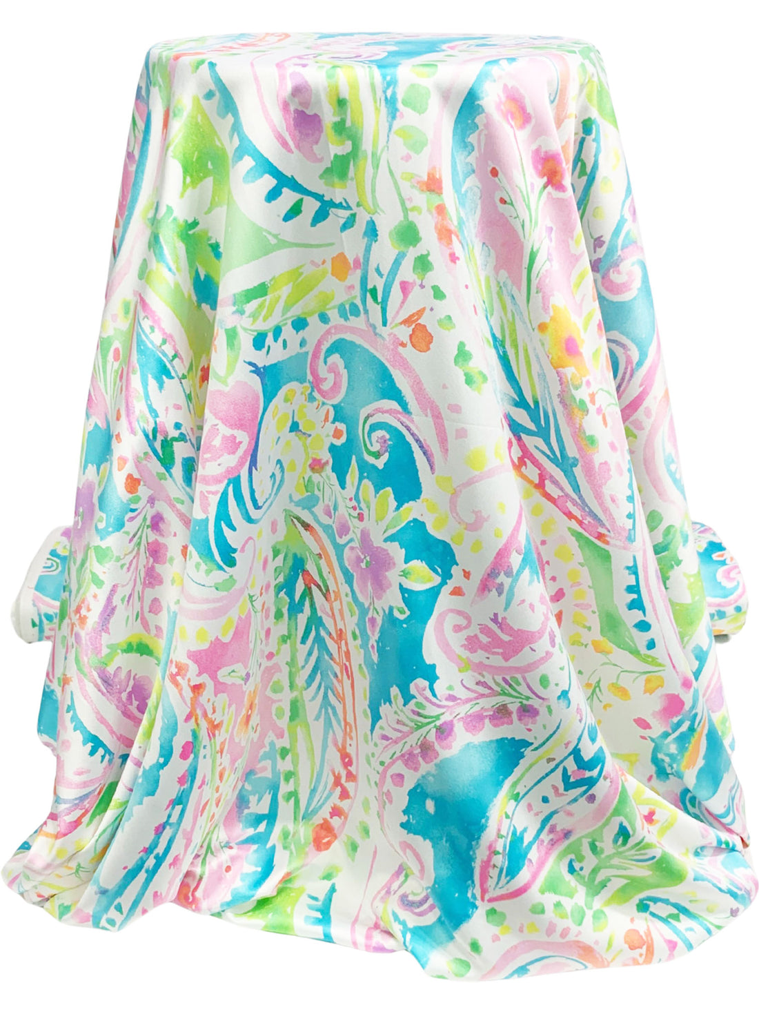 Pacific Blue/Canary/Pale Pink/White 100% Polyester Painterly Floral Paisley Print Charmeuse 58W
