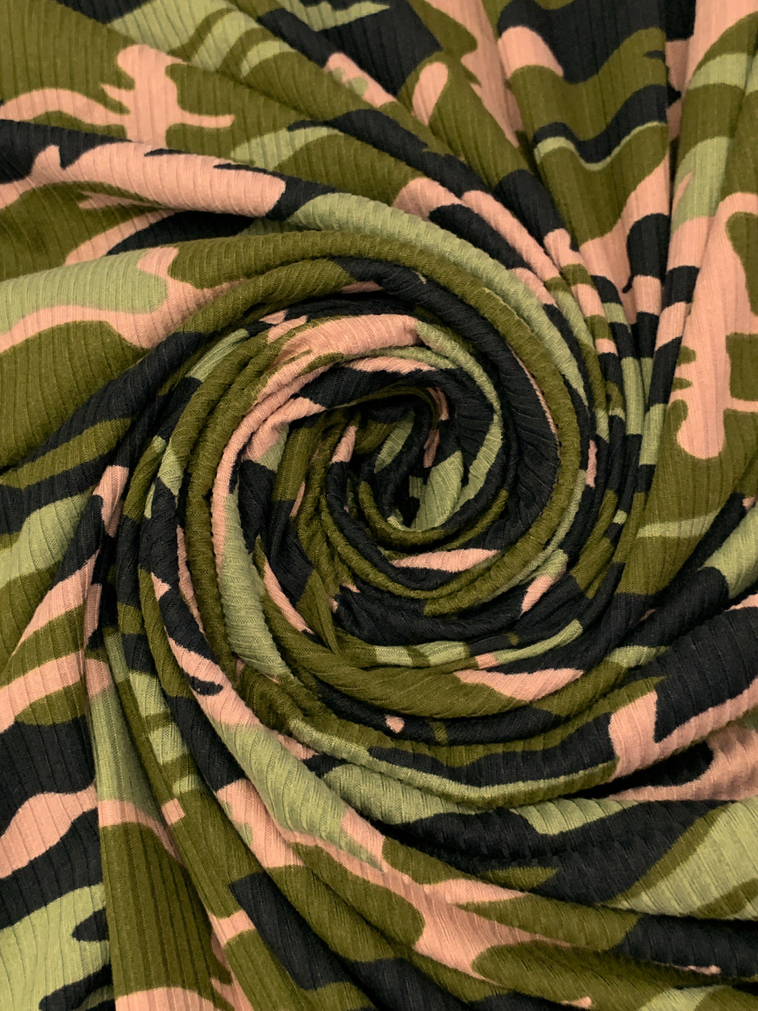 Dark Olive Green/Black/Moss Green Polyester/Lycra Camouflage Print Double Brushed Rib Knit 61W