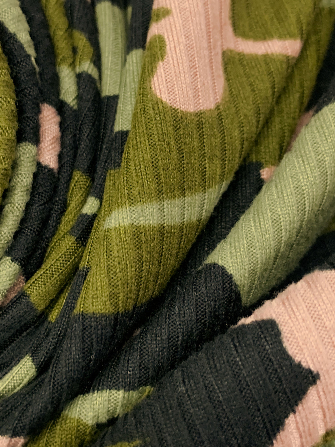 Dark Olive Green/Black/Moss Green Polyester/Lycra Camouflage Print Double Brushed Rib Knit 61W