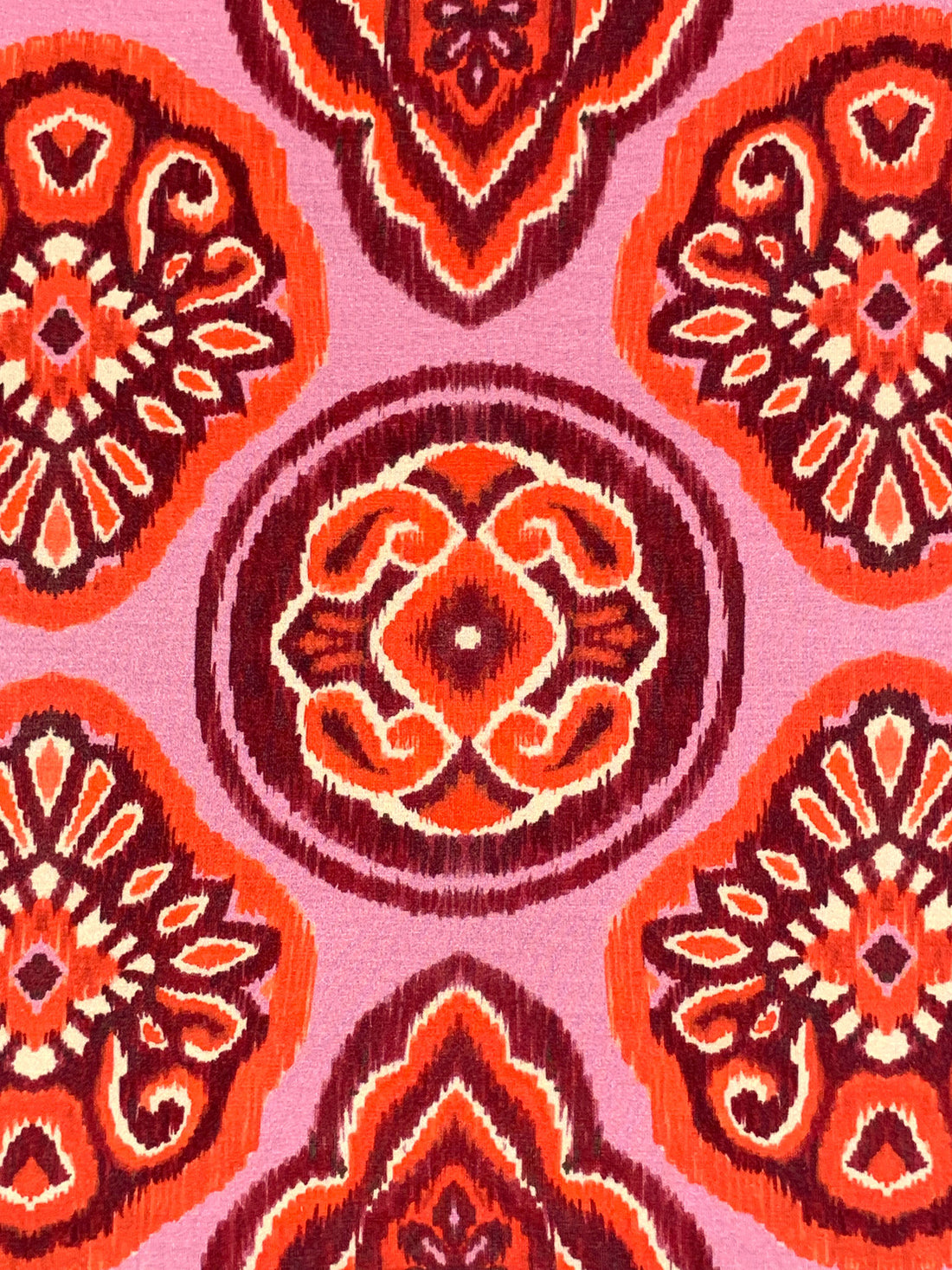 Amaranth Pink/Vermilion/Maroon/Multi Rayon/Lycra Ikat-Look Medallion Print Jersey Knit - Imported From Italy - 62W