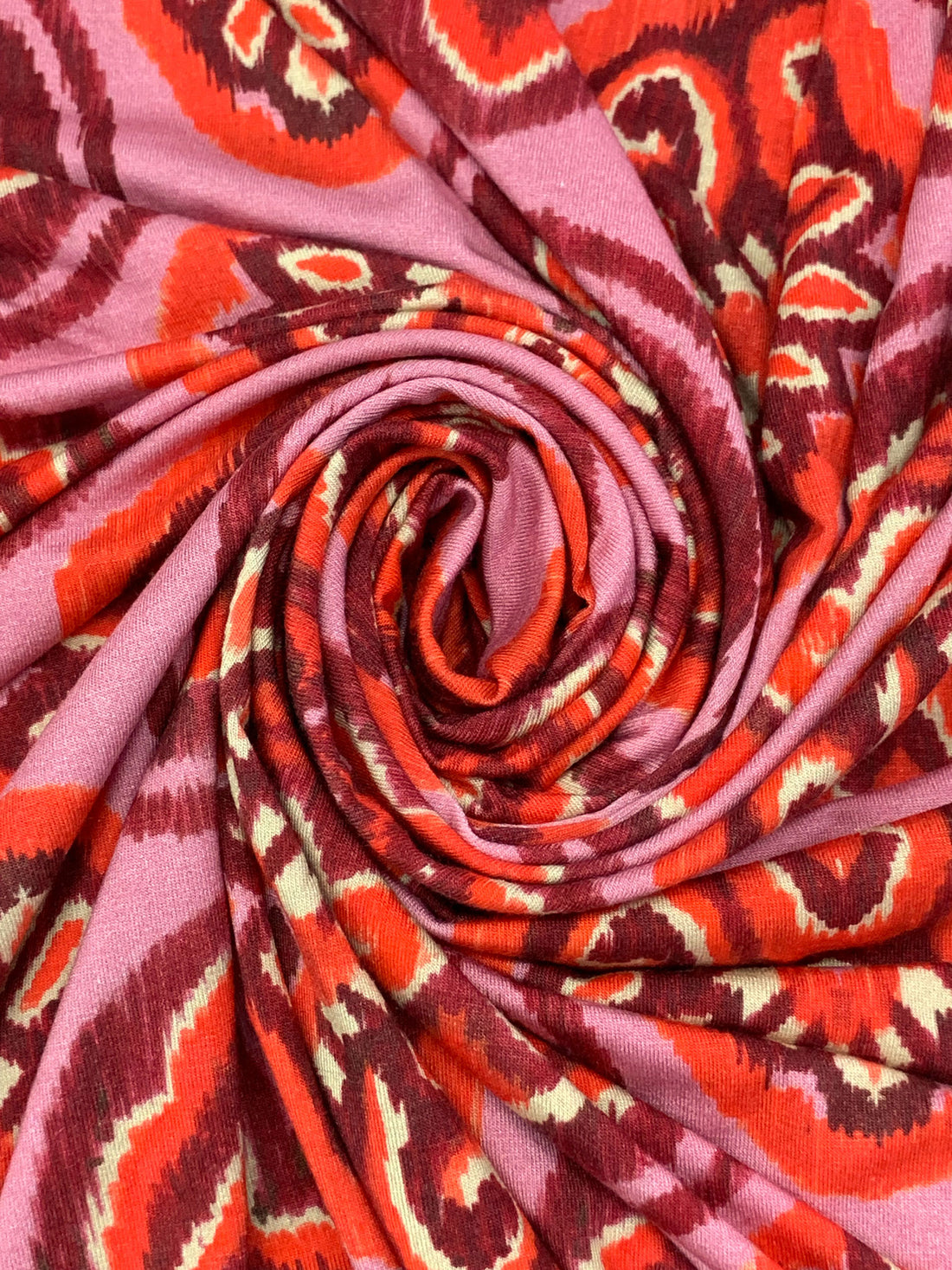 Amaranth Pink/Vermilion/Maroon/Multi Rayon/Lycra Ikat-Look Medallion Print Jersey Knit - Imported From Italy - 62W