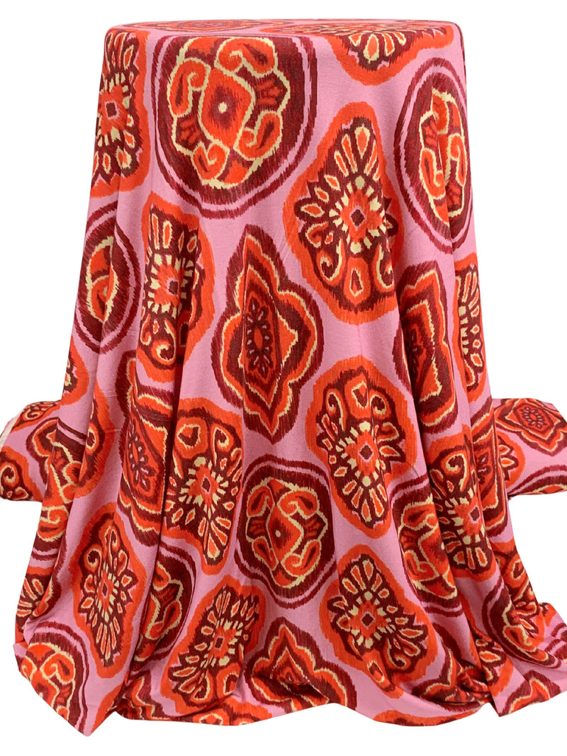 Amaranth Pink/Vermilion/Maroon/Multi Rayon/Lycra Ikat-Look Medallion Print Jersey Knit - Imported From Italy - 62W
