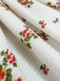 Ivory/Basil Green/Raspberry/Multi Polyester/Lycra Floral Cluster Print Double Brushed Rib Knit 58W