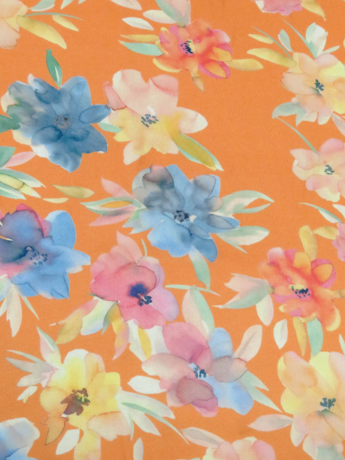 Tangerine/Moody Blue/Soft Jade Green/Multi 100% Rayon Watercolor Floral Print Georgette 48W