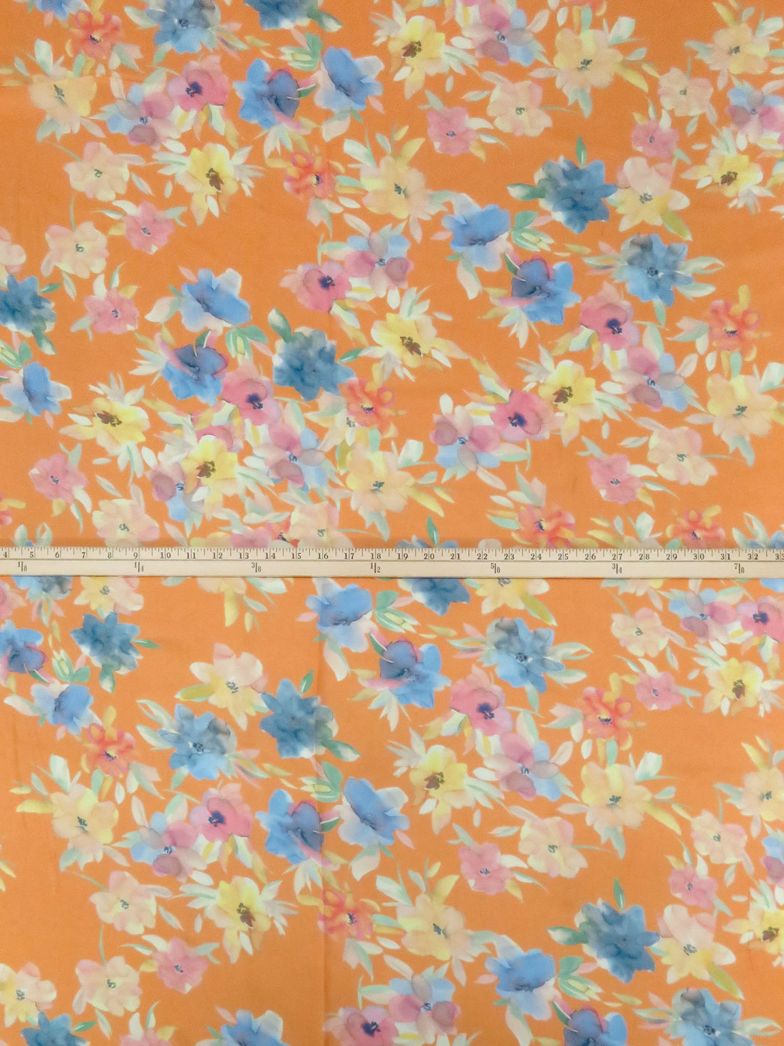 Tangerine/Moody Blue/Soft Jade Green/Multi 100% Rayon Watercolor Floral Print Georgette 48W