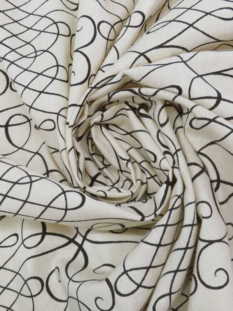 White Chocolate/Black 100% Cotton Meandering Scrolls Print Canvas 54W