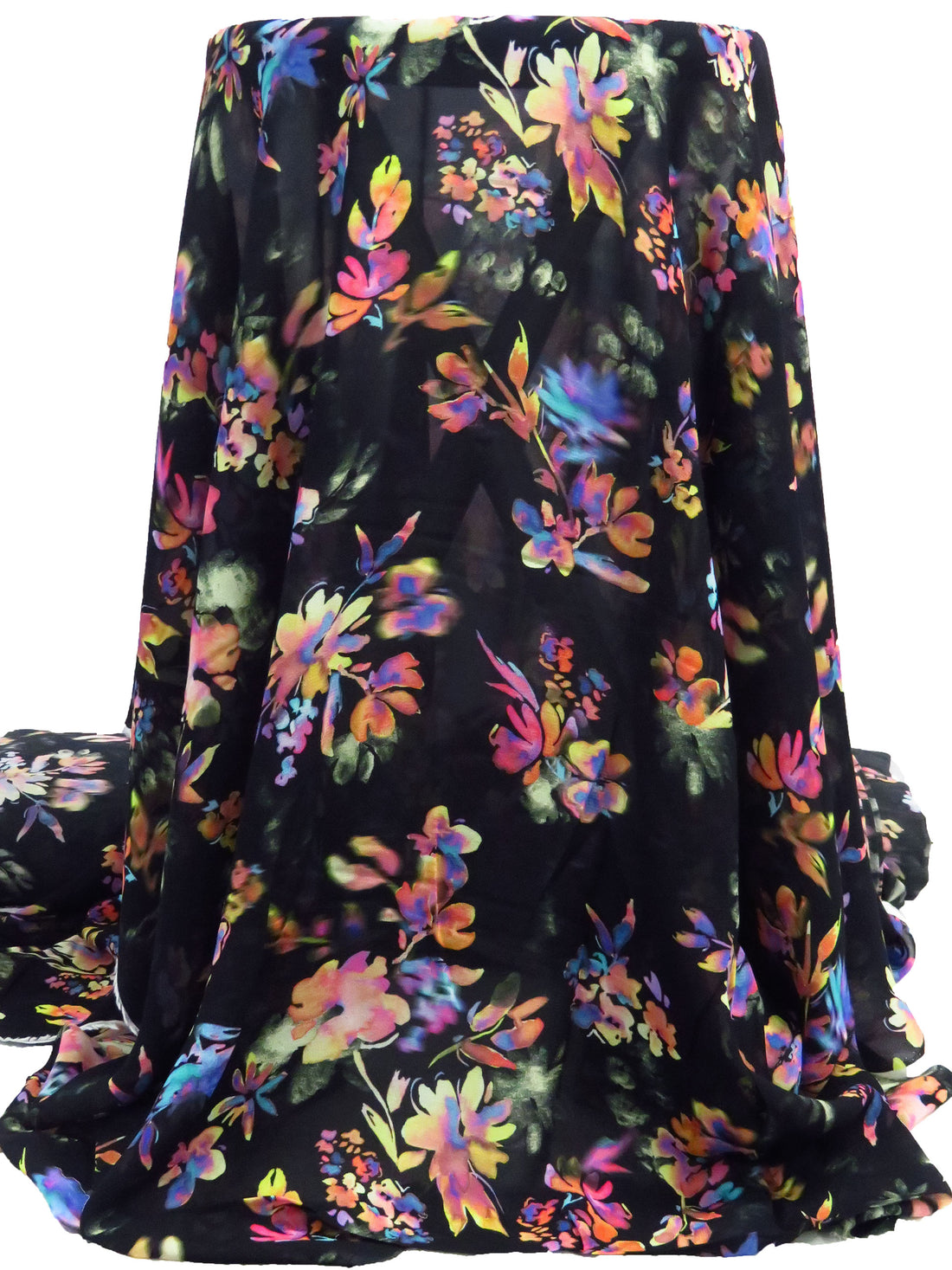 Black/Lemon/Pumpkin/Multi 100% Rayon Blurred & Watercolor Floral Print Georgette 50W