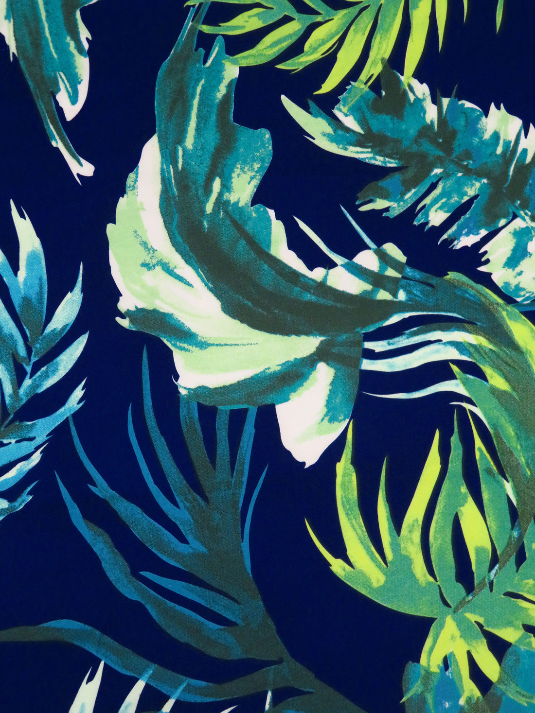 Cetacean Blue/Vivid Lime/Dark Cyan/Multi Polyester/Lycra Tropical Leaf Print Stretch Charmeuse 56W