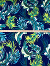 Cetacean Blue/Vivid Lime/Dark Cyan/Multi Polyester/Lycra Tropical Leaf Print Stretch Charmeuse 56W