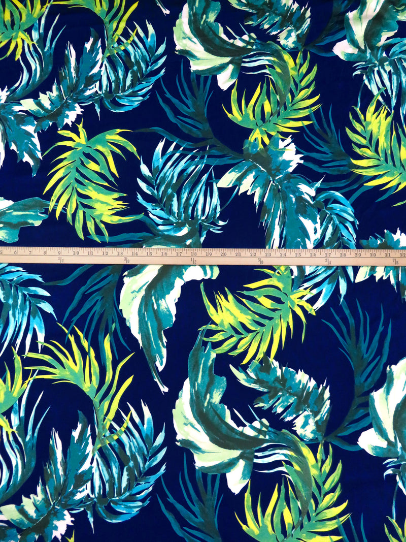 Cetacean Blue/Vivid Lime/Dark Cyan/Multi Polyester/Lycra Tropical Leaf Print Stretch Charmeuse 56W