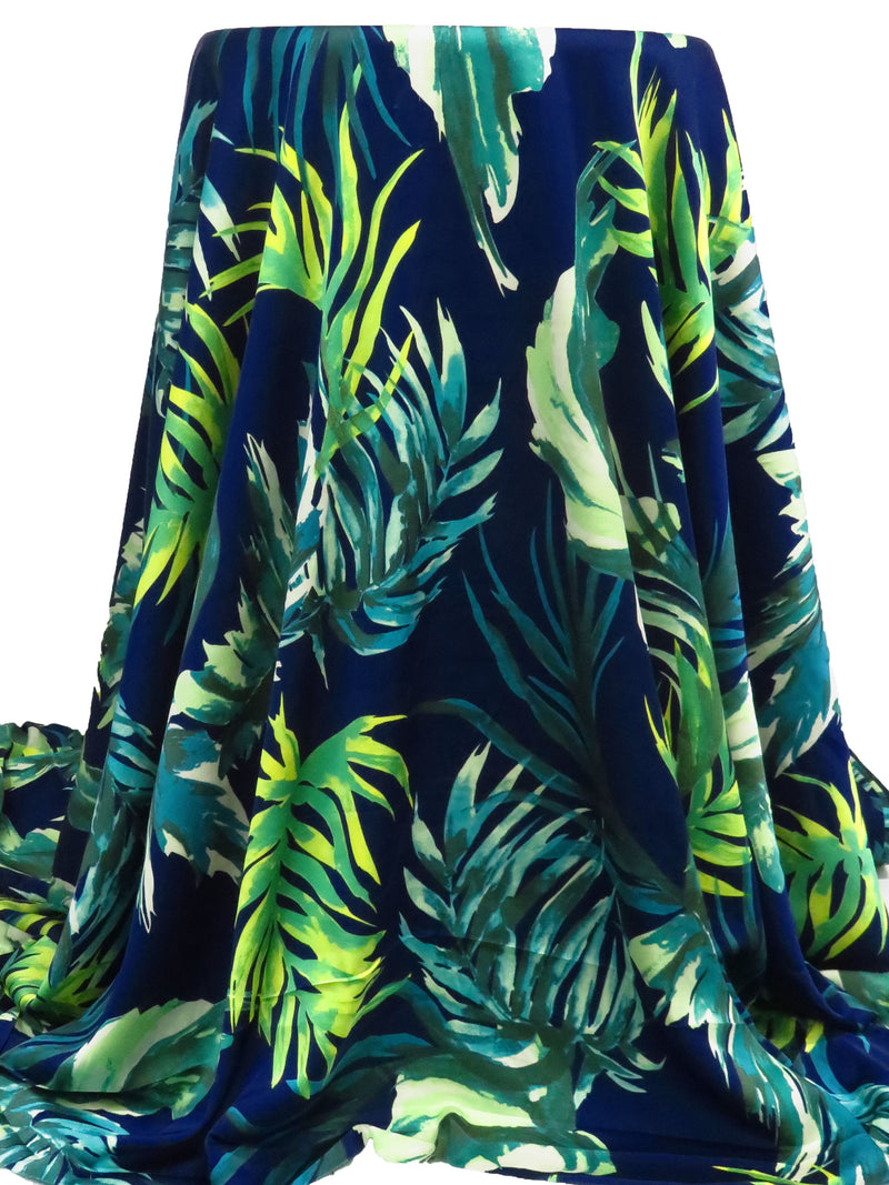 Cetacean Blue/Vivid Lime/Dark Cyan/Multi Polyester/Lycra Tropical Leaf Print Stretch Charmeuse 56W