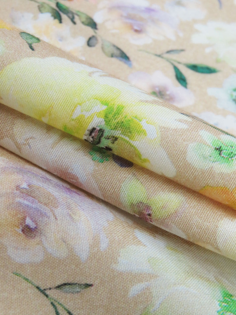 Sand/Lemon/White/Multi 100% Rayon Watercolor Floral Print Challis 56W