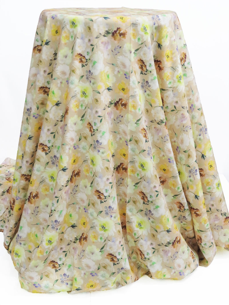 Sand/Lemon/White/Multi 100% Rayon Watercolor Floral Print Challis 56W