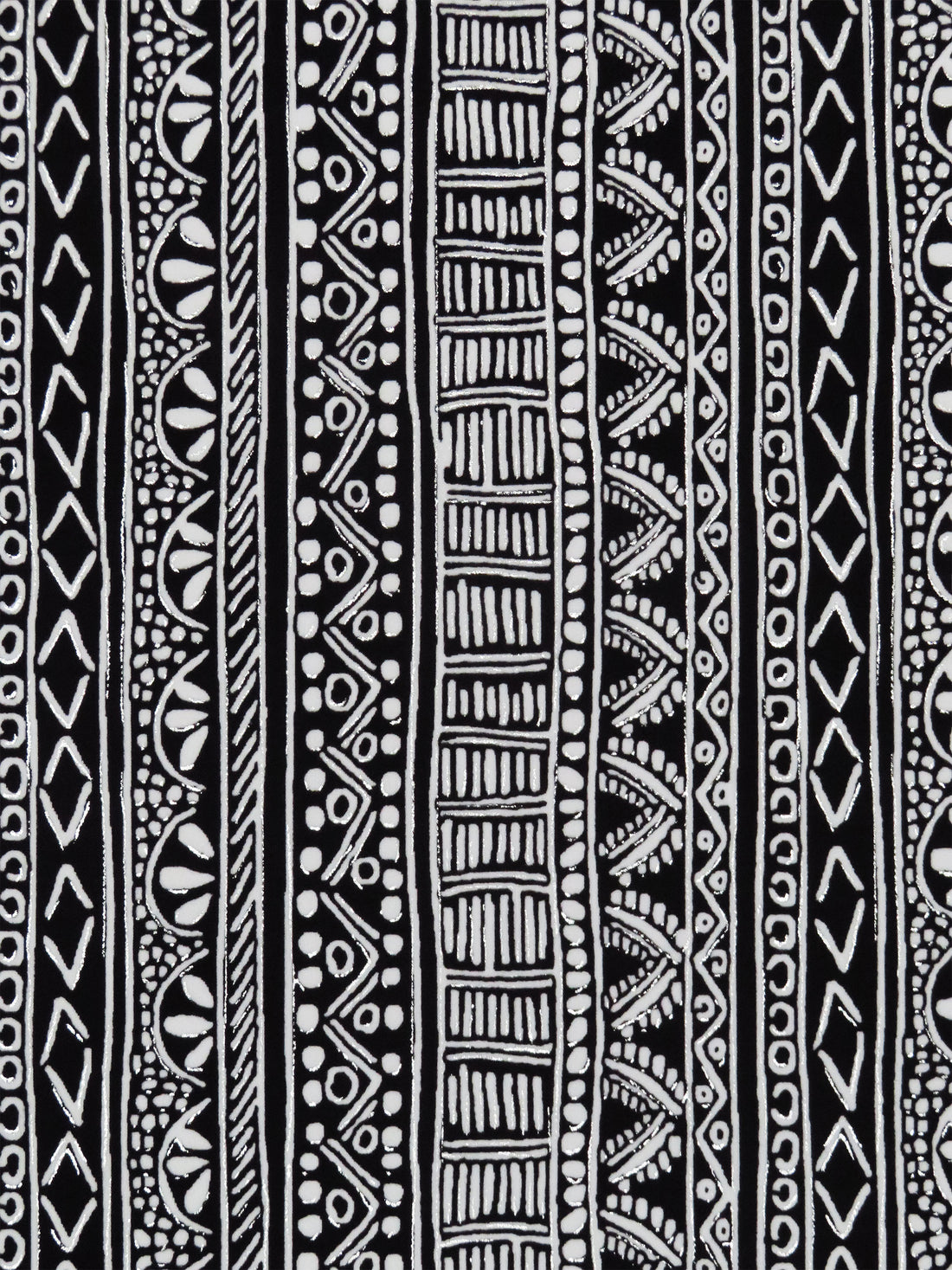 White/Black/Silver Nylon/Lycra Ornate Vertical Stripe Foil Print Swim/Activewear Knit - NY Designer - 56W