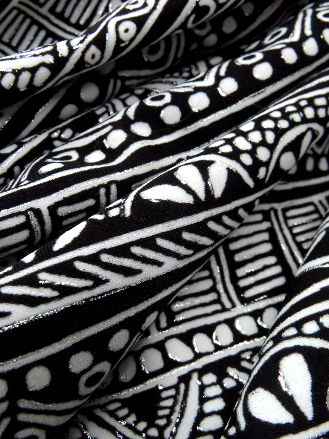 White/Black/Silver Nylon/Lycra Ornate Vertical Stripe Foil Print Swim/Activewear Knit - NY Designer - 56W