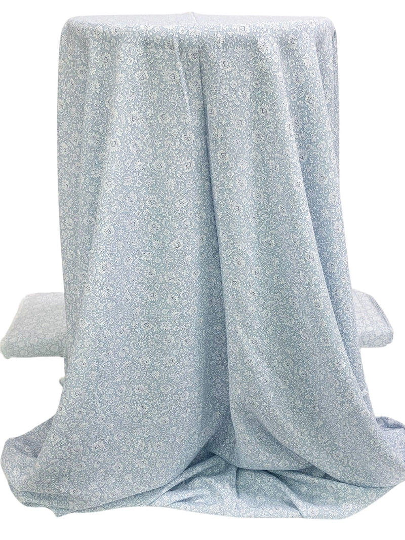 Powder Blue/White 100% Rayon Dainty Fleur de Lis Print Voile - NY Designer - 56W