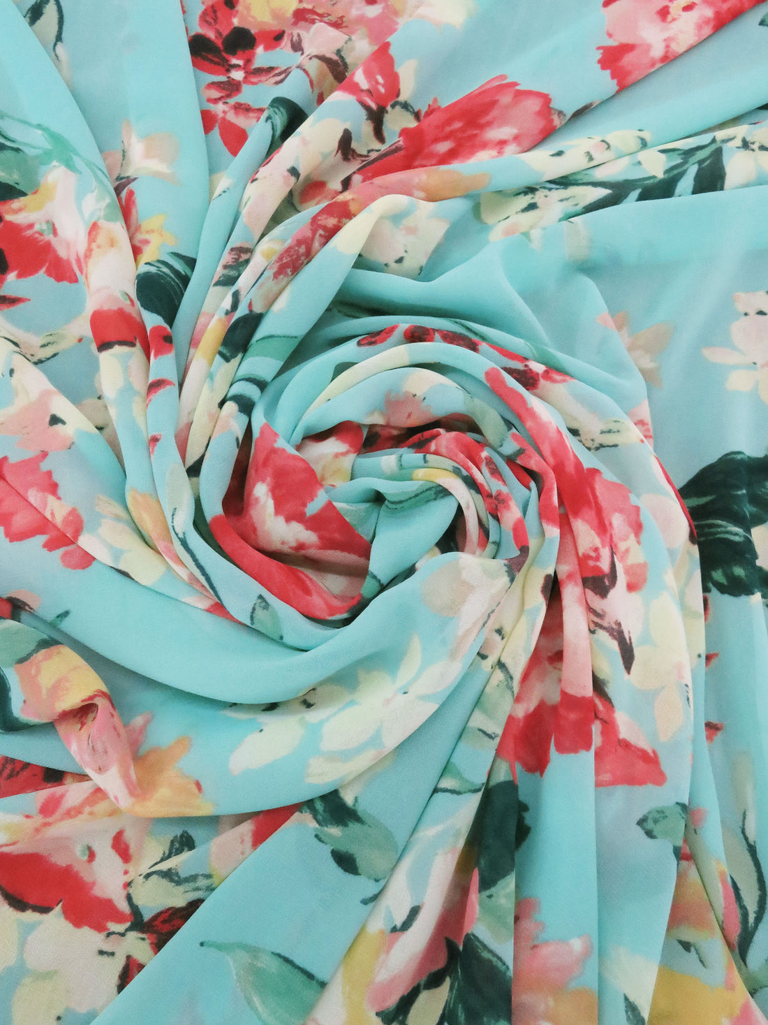 Robin's Egg Blue/Fire Engine Red/Spring Green/Multi 100% Polyester Painterly Floral Print Georgette 58W
