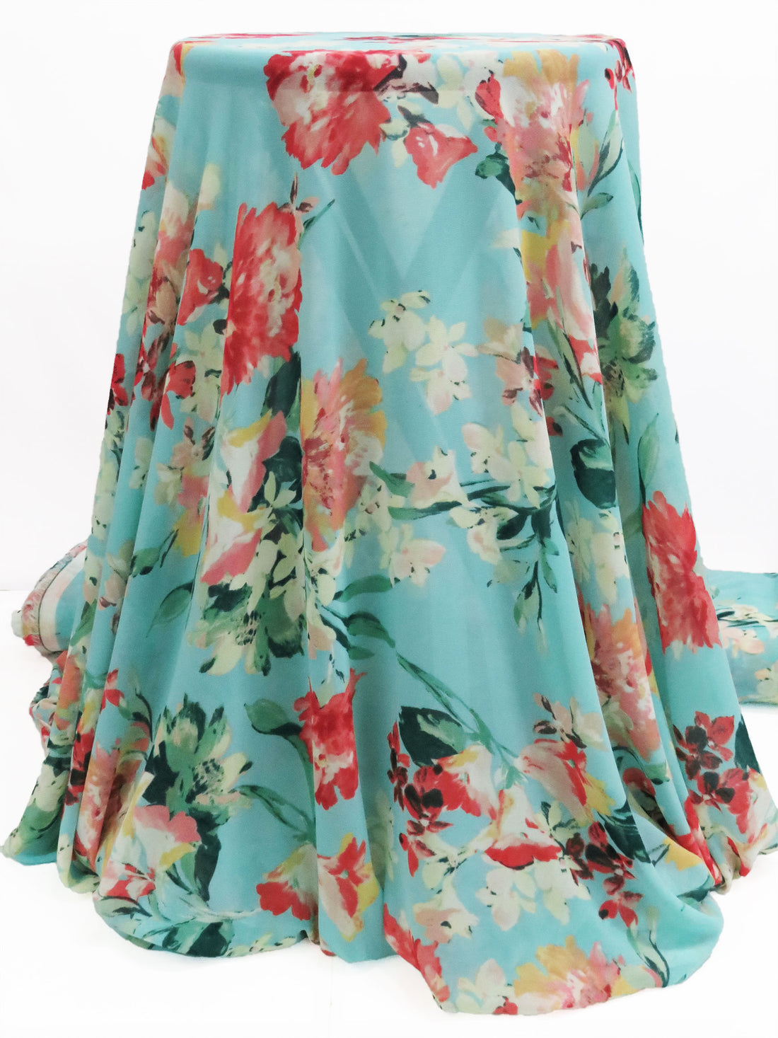 Robin's Egg Blue/Fire Engine Red/Spring Green/Multi 100% Polyester Painterly Floral Print Georgette 58W