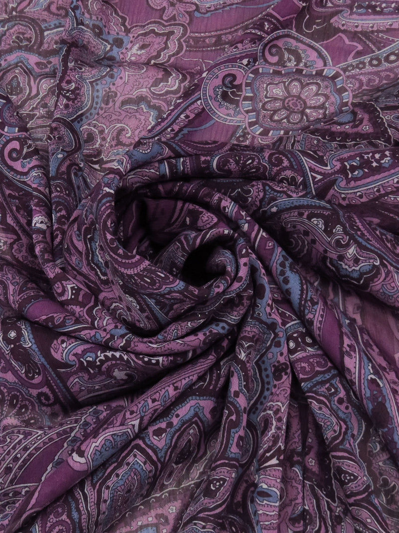 Royal Purple/Slate Blue/Deep Plum/Multi 100% Polyester Ornate Floral Print Crinkle Chiffon 56W