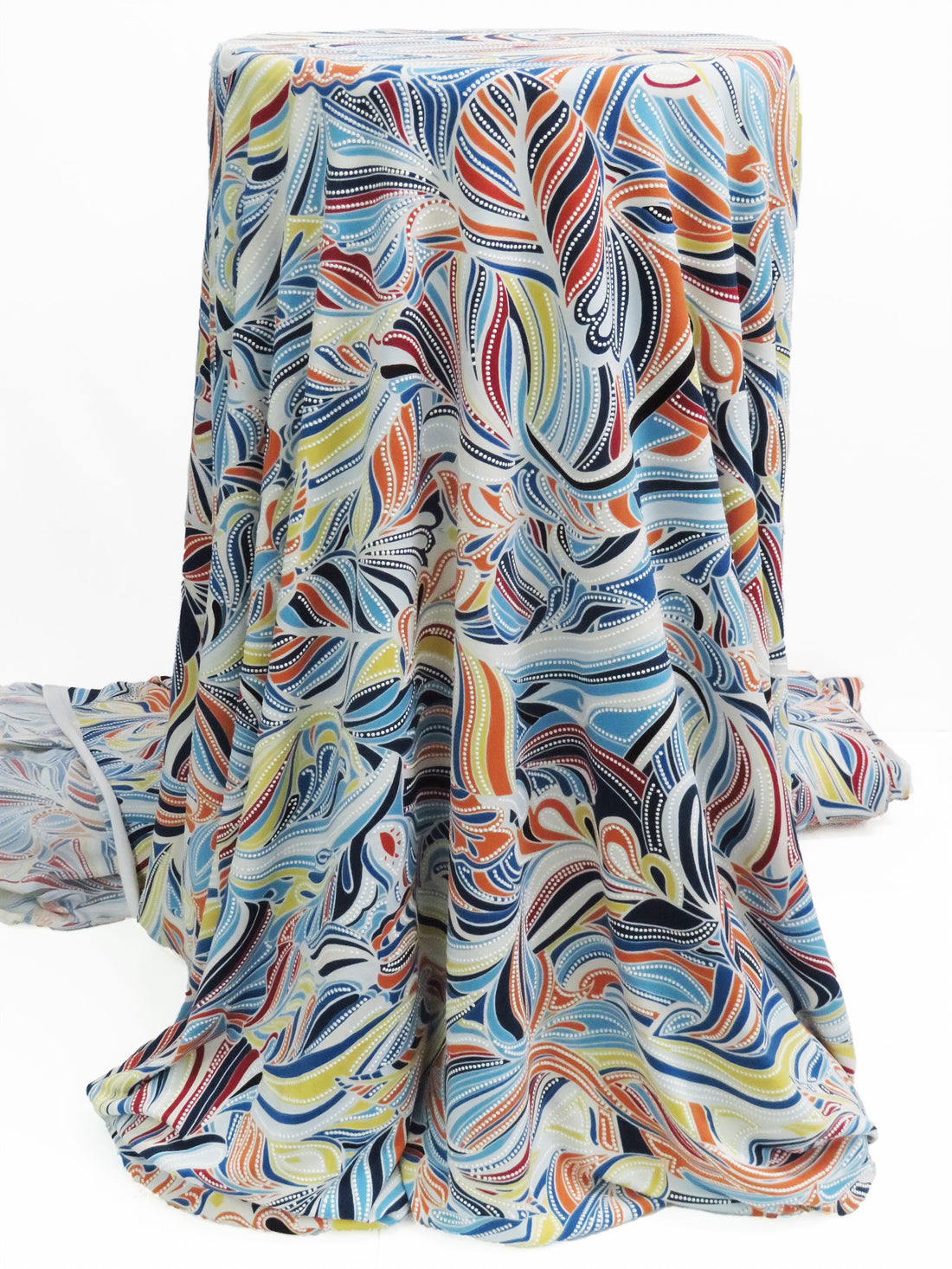 Azure Blue/Lemon/Pumpkin Spice/Multi Polyester/Lycra Single Border Ornate Puff Paint Print ITY Knit 56W