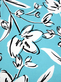 Sky Blue/White/Black 100% Polyester Floral Print Mikado Satin Twill - Famous Dress Designer - 60W