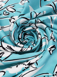 Sky Blue/White/Black 100% Polyester Floral Print Mikado Satin Twill - Famous Dress Designer - 60W