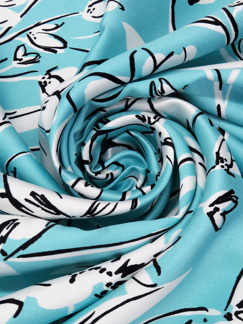 Sky Blue/White/Black 100% Polyester Floral Print Mikado Satin Twill - Famous Dress Designer - 60W