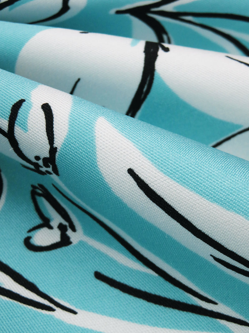 Sky Blue/White/Black 100% Polyester Floral Print Mikado Satin Twill - Famous Dress Designer - 60W