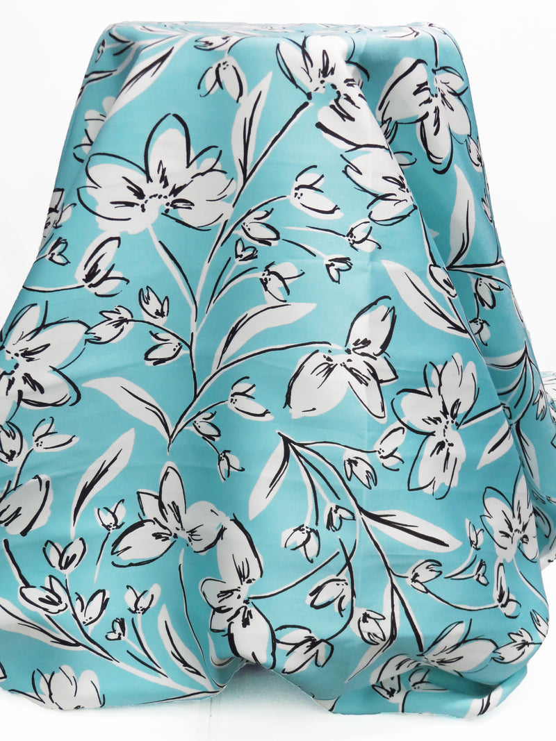 Sky Blue/White/Black 100% Polyester Floral Print Mikado Satin Twill - Famous Dress Designer - 60W