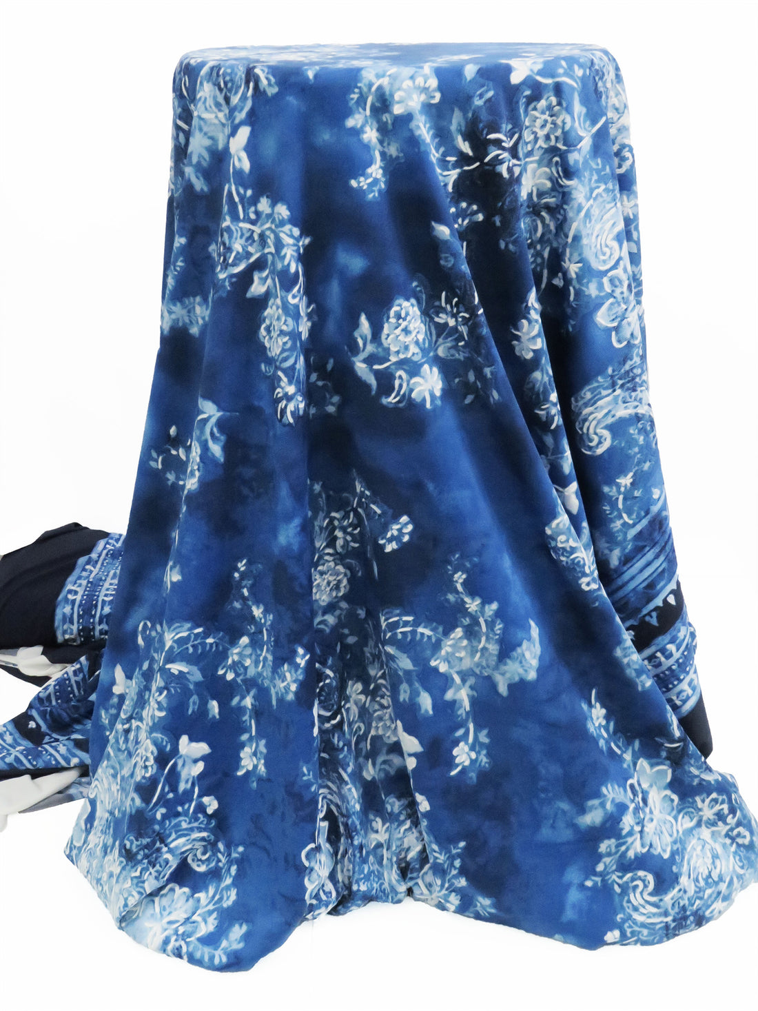 Navy/White/Lapis Blue Polyester/Lycra Double Border Ornate Floral Puff Paint Print ITY Knit 54W