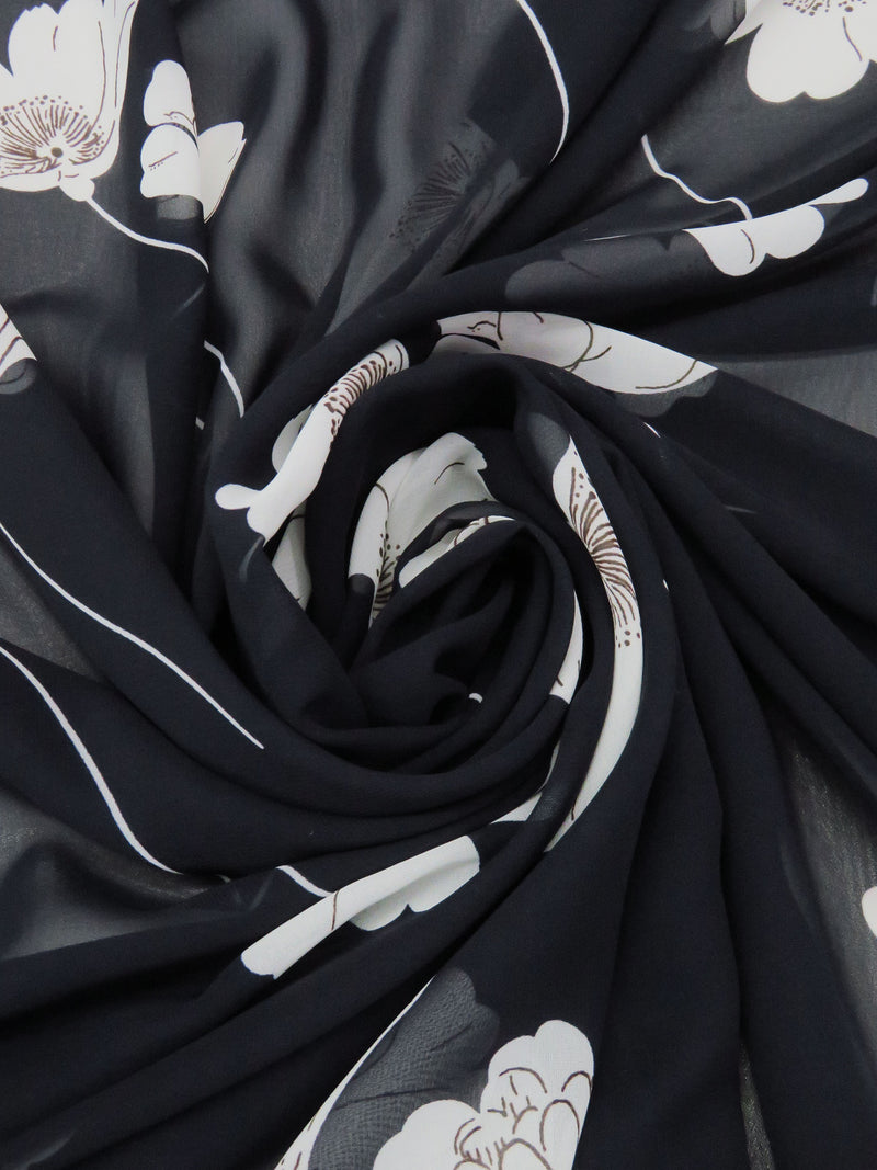 Muted Midnight Navy/Ghost White/Dark Chocolate Brown 100% Polyester Floral Print Chiffon - Famous Dress Designer - 57W