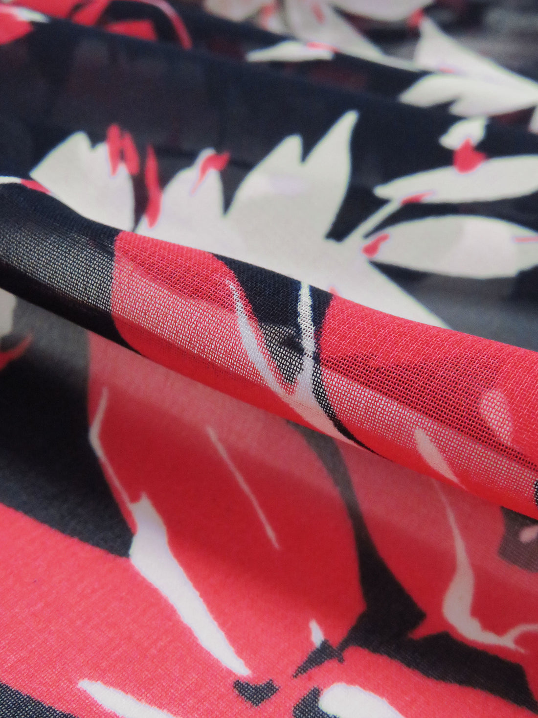 Navy/Beige/Cherry Red 100% Polyester Foliage Print Chiffon 56W