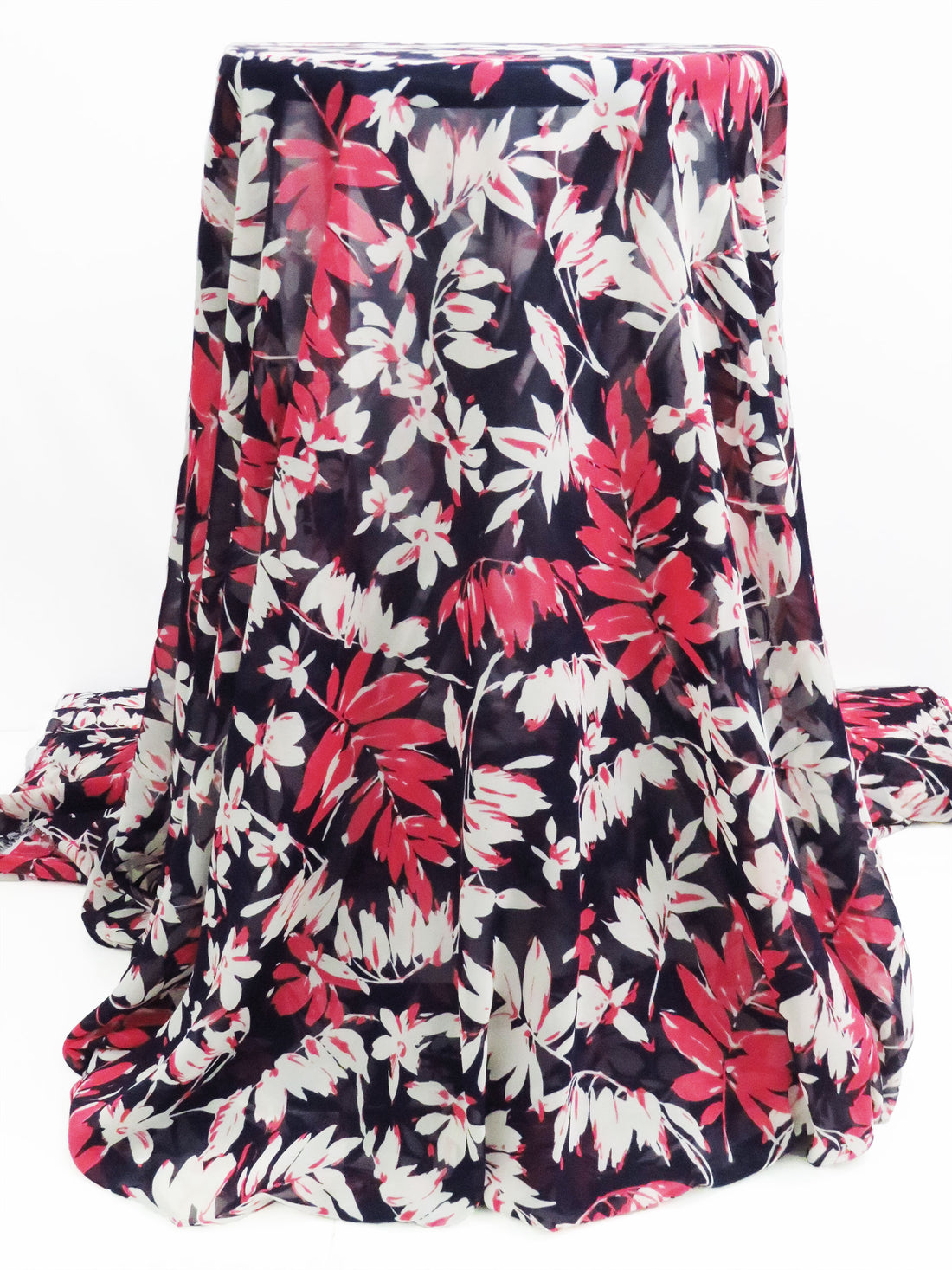 Navy/Beige/Cherry Red 100% Polyester Foliage Print Chiffon 56W