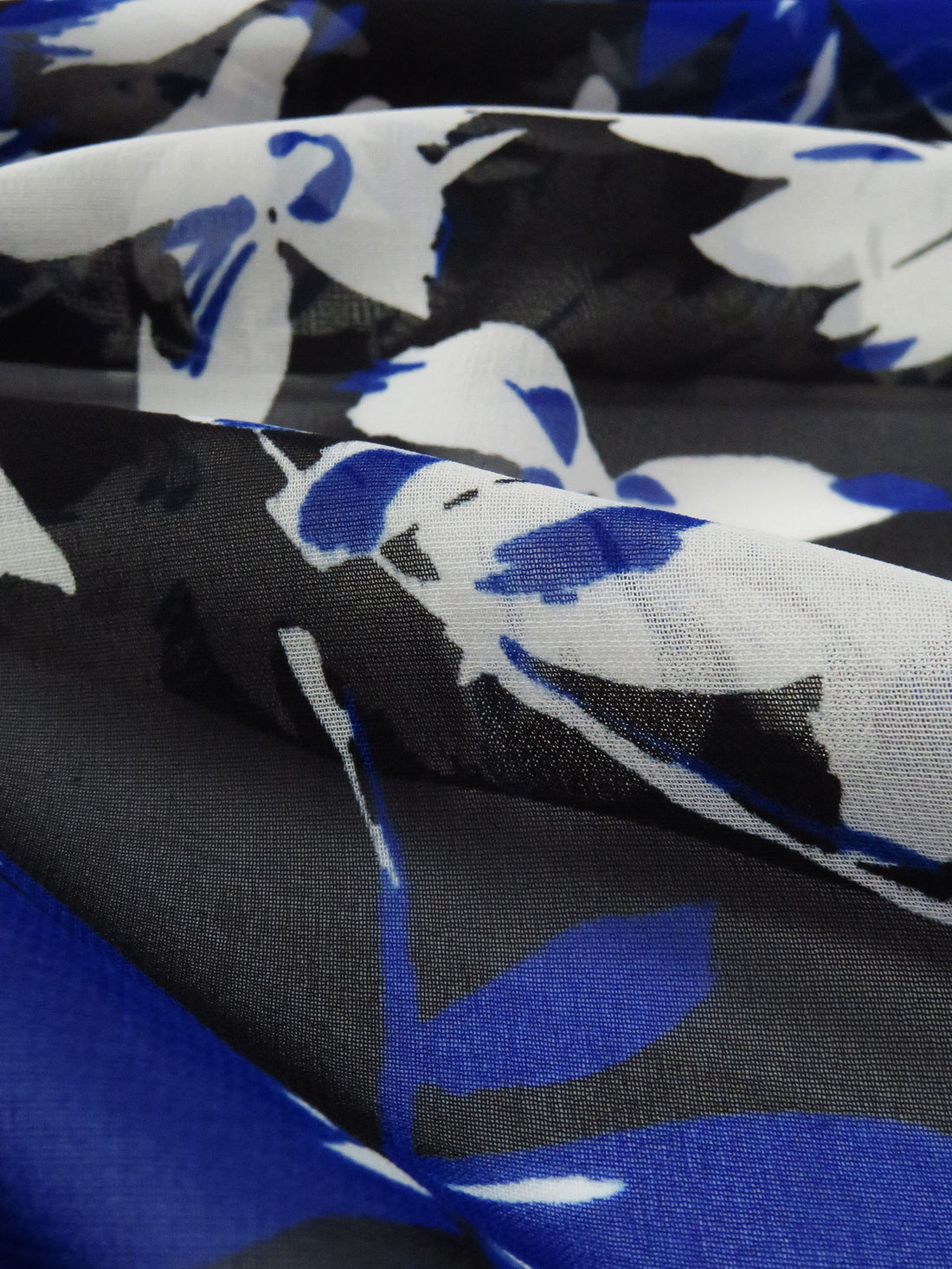 Black/Dark Cobalt/Smokey White 100% Polyester Foliage Print Chiffon 56W