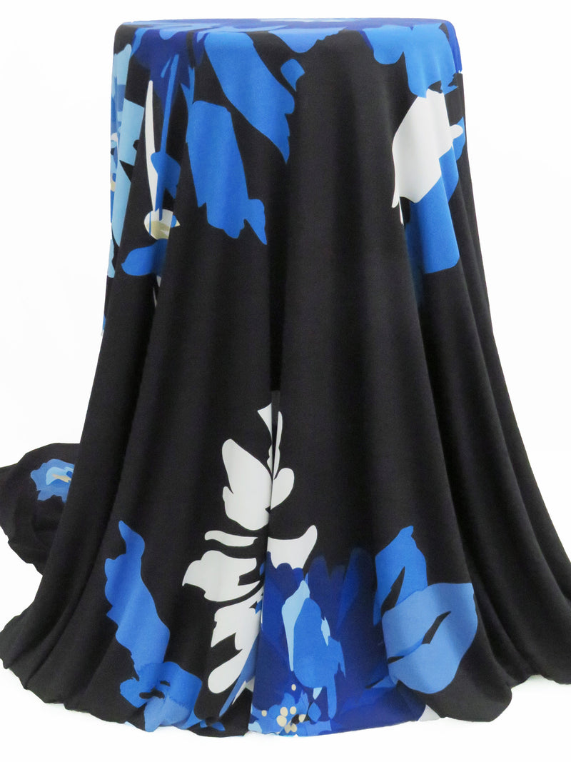 SOLD BY THE PANEL ONLY - Black/Powder Blue/Sapphire/Multi Polyester/Lycra Large Floral Print ITY Knit - Famous Dress Designer - 56W