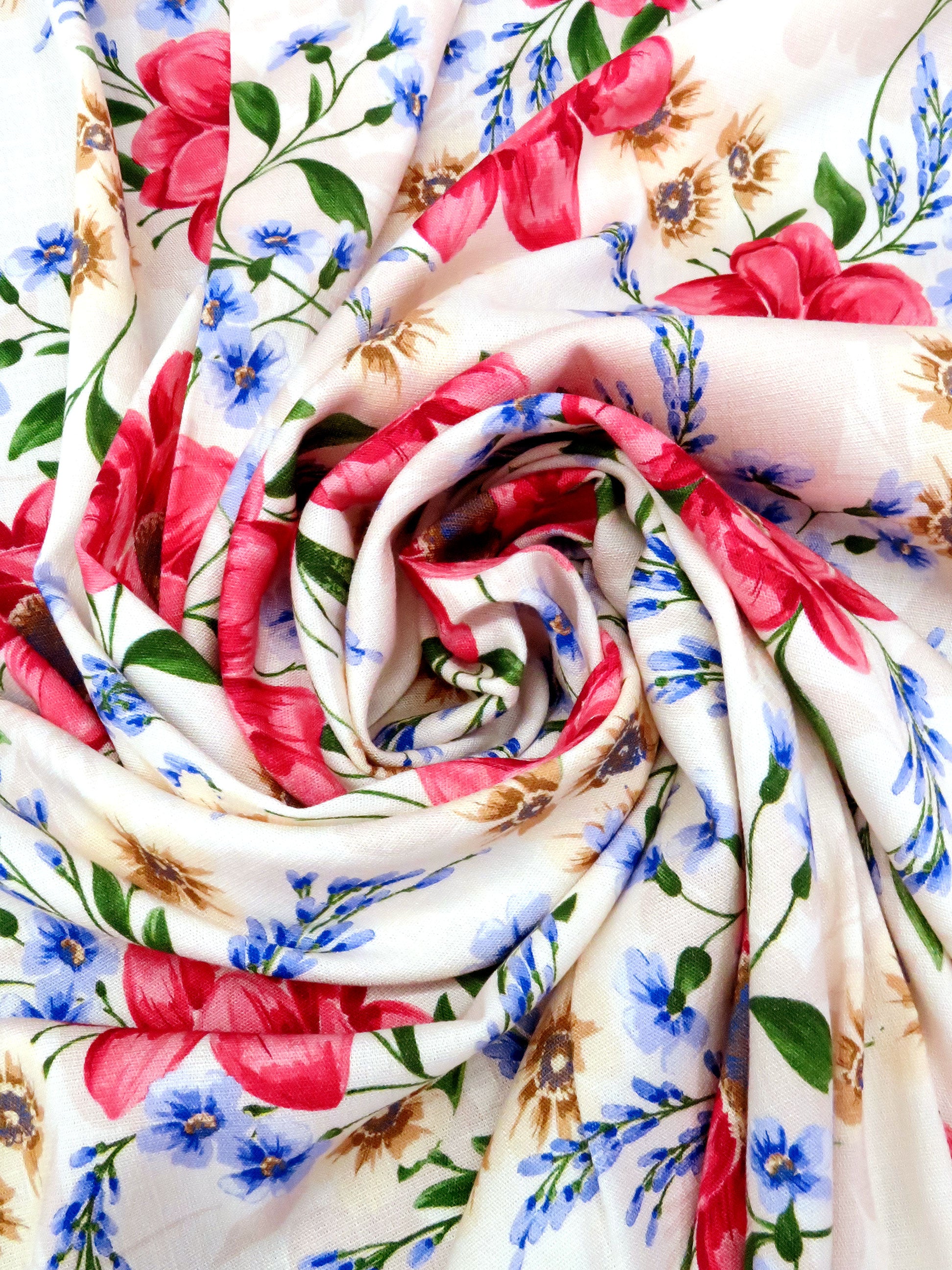 Wheat/Cadmium Red/Periwinkle Blue/Multi Rayon/Lycra Floral Print