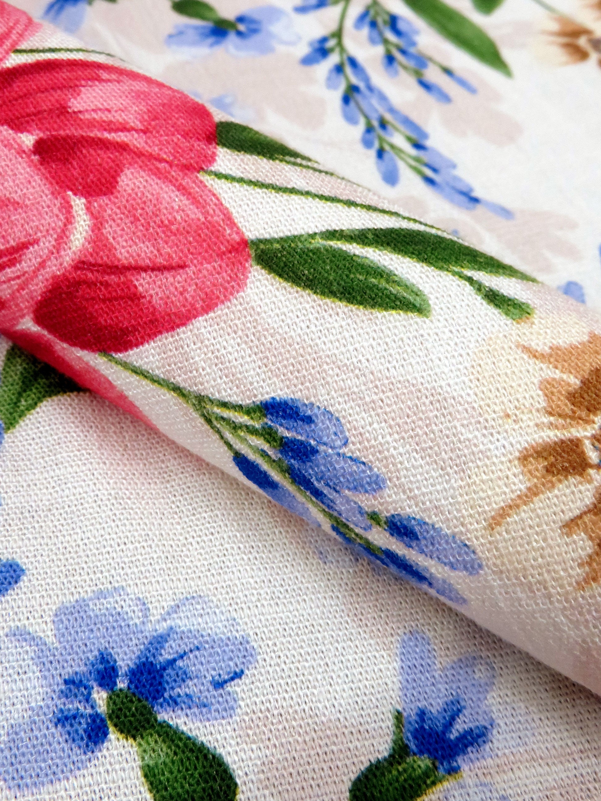 Wheat/Cadmium Red/Periwinkle Blue/Multi Rayon/Lycra Floral Print