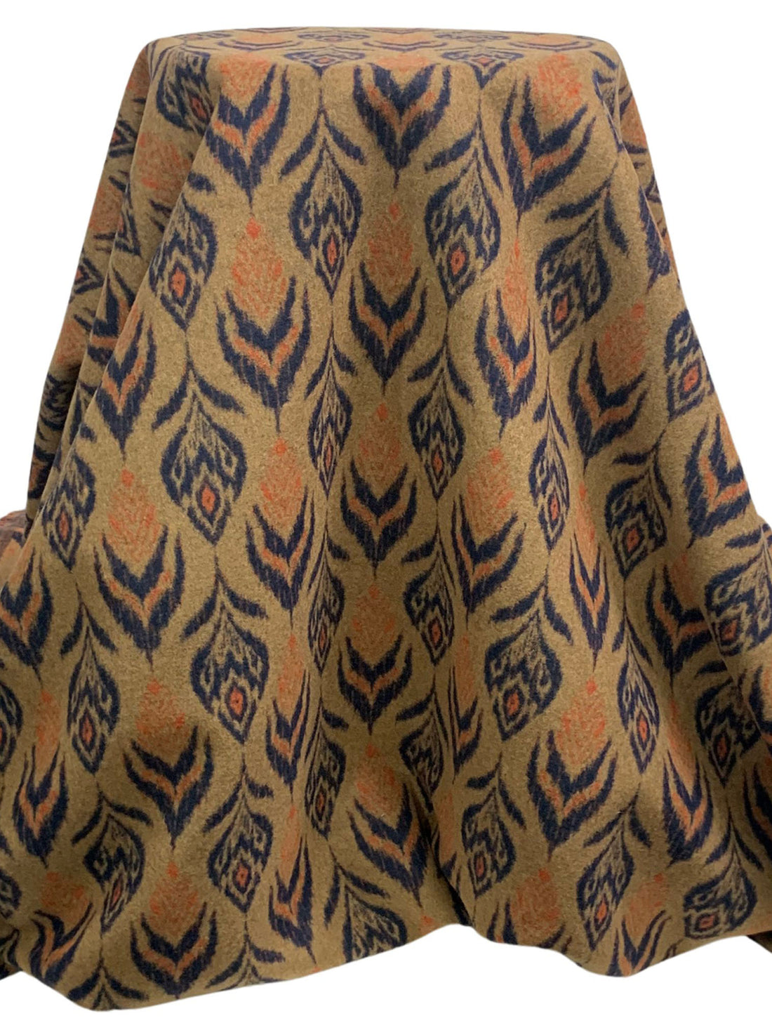Dark Tan/Navy/Copper Polyester/Wool Abstract Feather Motif Jacquard Flannel Coating - NY Designer - 60W