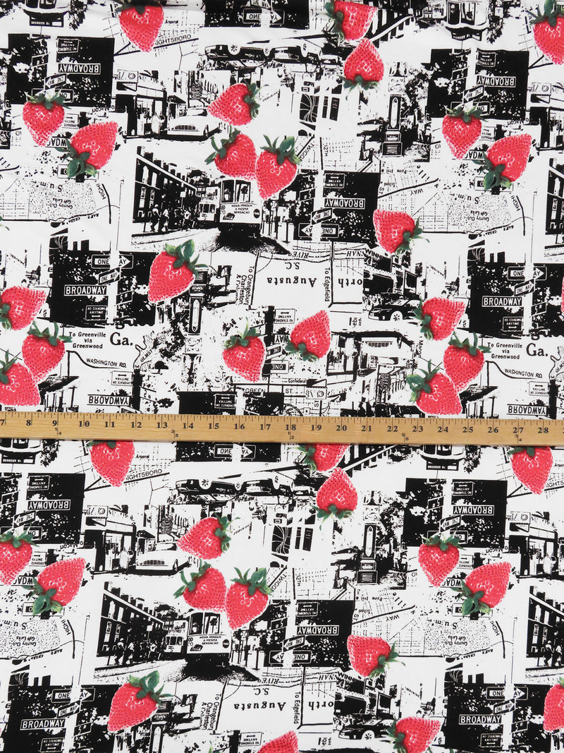 White/Black/Desire Pink/Evergreen Polyester/Lycra Strawberry City Print Double Brushed Knit 60W