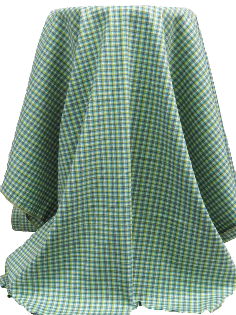 Vivid Lime/White/Ulca Blue/Verdigris Polyester/Rayon/Spandex Plaid Weave Yarn-Dyed Stretch Suiting 42W