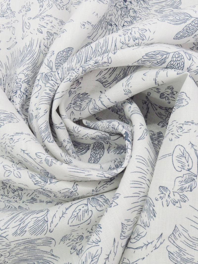 White/Slate Blue 100% Linen Floral Outline Print Mid-Weight Woven 58W