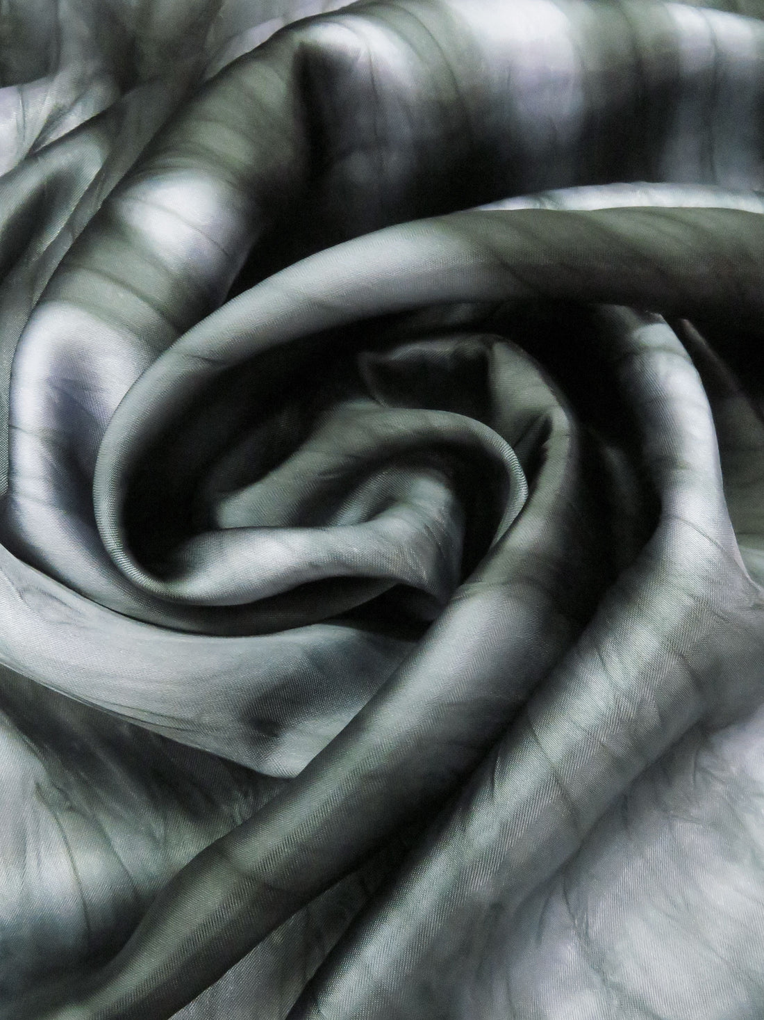 Deep Muted Forest Green/Cool Silver/Multi 100% Polyester Tie-Dye Crinkle Satin - NY Designer - 42W